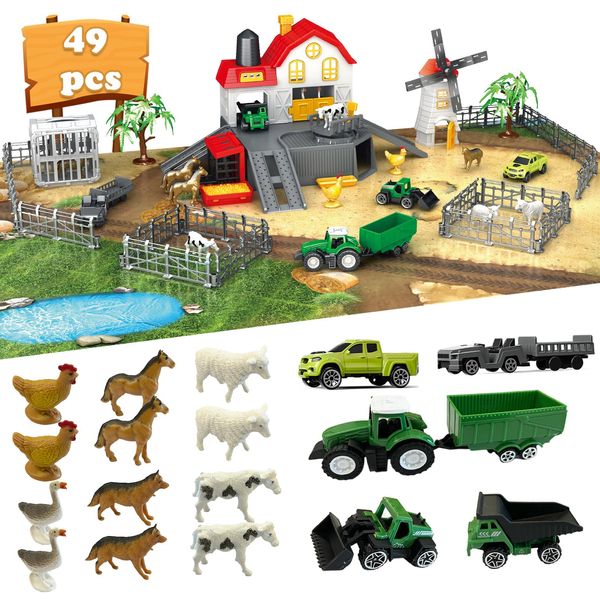 Frontoytall Farm Animals Toys with Play Mat, Farm Playset Barn House with Truck Tractor Toys for Kids and Animals Figurines, Animal Toy Farm Set for 3-12 Years Old Kids Boys Girls Toddlers, 49PCS