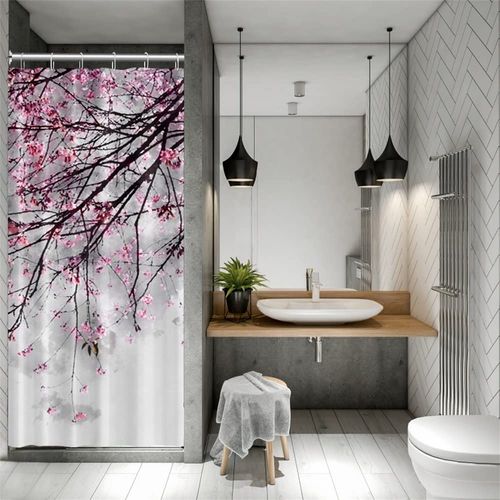 OERJU Cherry Blossoms Shower Curtain Outdoor Pink Floral Brown Branch Japanese National Flower Beautiful White 36 x 72 in