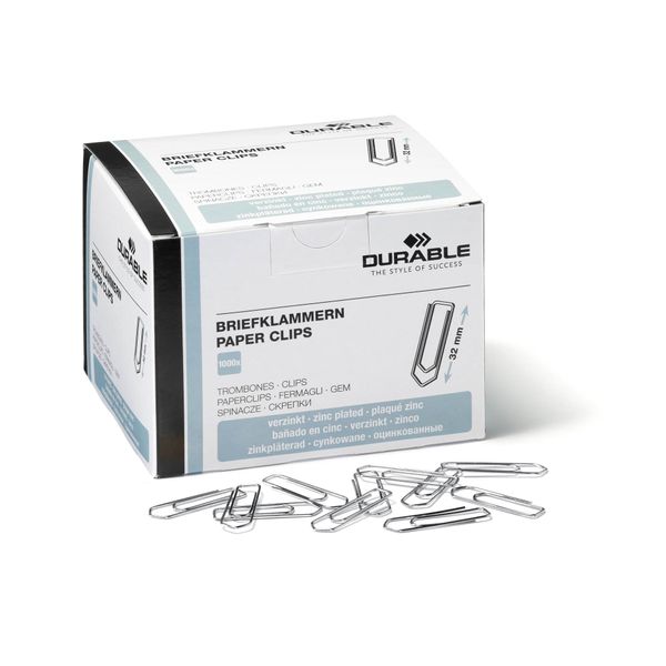 Durable Paper Clips 32mm Zinc Plated - Box of 1000 Clips - For Keeping Important Documents Safely Together - Made in Germany