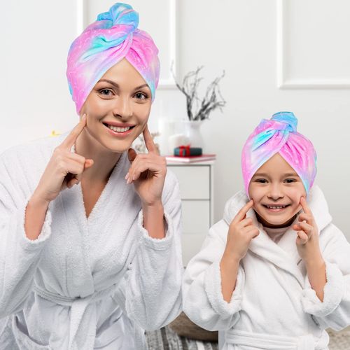 Basumee Microfiber Hair Towel Wrap for Kids 2 Pack Rapid Drying Hair Towel with Button Hair Turbans for Wet Hair Wraps Head Towel Wrap for Women and Girls, Light Mermaid