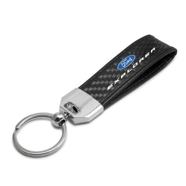 Black Leather & Carbon Fiber Key Chain Black Stitching - Ford Explorer
