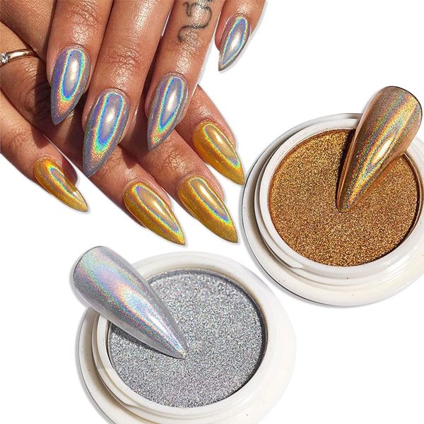 3D Mirror Powder Unicorn Gold Silver Set Self Nail Gel Glitter Sparkle Aurora Palette Flash Nail Chrome Powder 2 Cans Single Color Large Capacity Resin Chameleon Neon Gloss Foil Pigment