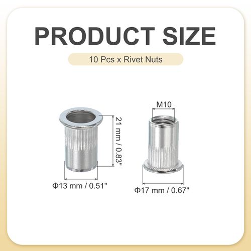 PATIKIL M10 Rivet Nuts, 10 Pcs 304 Stainless Steel Knurled Flat Head Threaded Insert Nuts Metric Rivet Nut Assortment Kit for Automotive Furniture