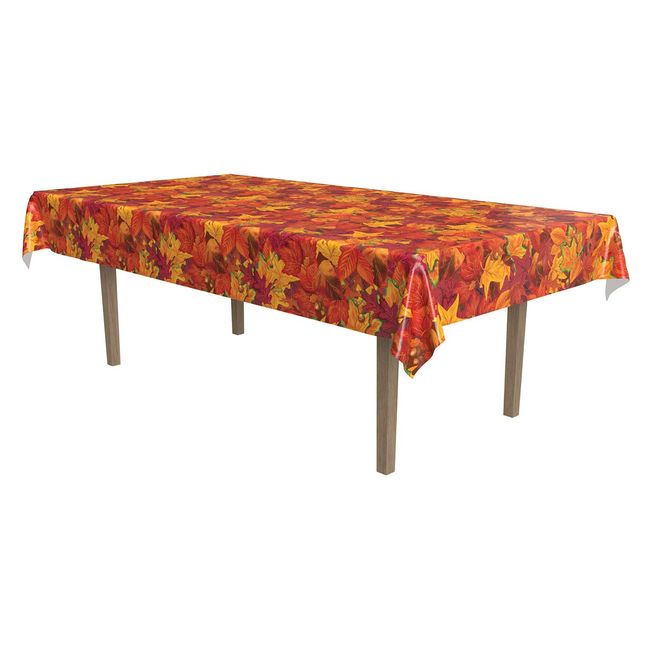 Beistle Fall Leaf Rectangular Tablecover - Plastic Table Cloth for Parties, 54 x 108" - Harvest Decorations in Green, Orange, Red for Thanksgiving