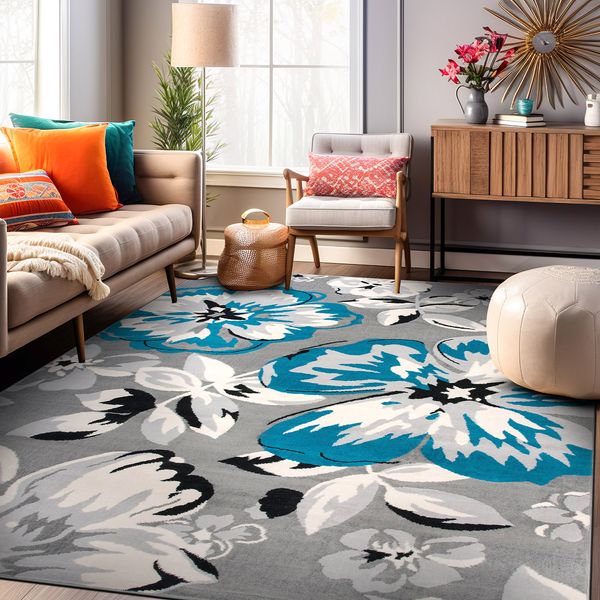 Rugshop Indoor Rugs Modern Floral Design Carpet   Contemporary Area Rug Blue 5x7