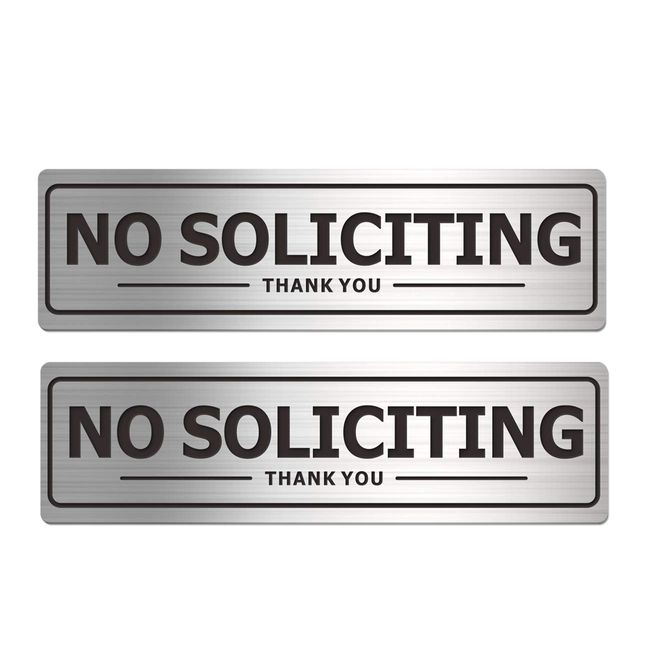 No Soliciting Sign - Door Signs for House Business and Office Wall - Aluminum Metal with Strong Self Adhesive (2 Pack, Silver 7×2 inches)