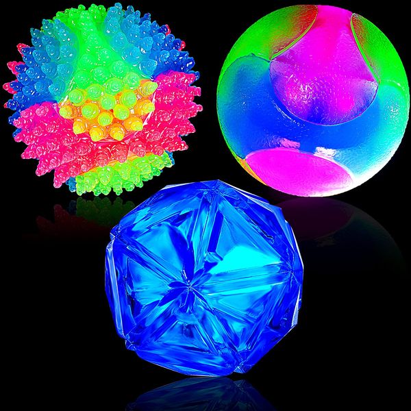 Sumind 3 Pcs Light Dog Ball Glow in The Dark Dog Ball LED Glowing Interactive Dog Squeaky Spiky Interactive Toy Bounce Activated Toy Pet Ball for Puppies