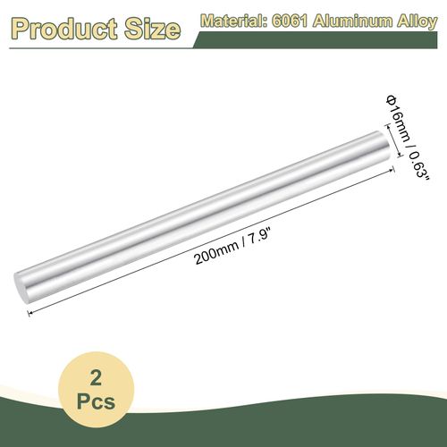 uxcell 2Pcs 0.63"(16mm) Dia Round Aluminum Rods, 7.9"(200mm) Long 6061 Aluminum Round Rod Solid Lathe Bar Stock for Industry Construction DIY Crafts, Silver