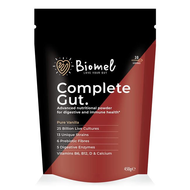 Biomel Complete Gut - Pure Vanilla - 4 in 1 Probiotic & Prebiotic Gut Health Powder - 450g/30 Servings - Vegan Friendly - Gluten Free - Probiotics for Gut Health - Delicious & Effective