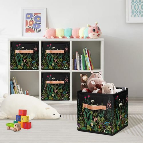 Mozaigos 11 Inch Fabric Storage Cube with Handles, Black Floral Wildflowers Collapsible Storage Basket for Shelves, Square Storage Bin Canvas Closet Organizer for Decor