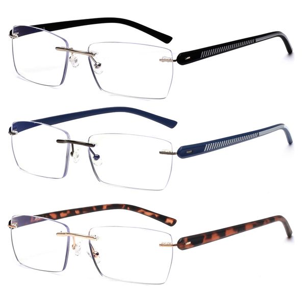 JM 3 Pack Rimless Reading Glasses for Men Blue Light Blocking, Rectangle Lightweight Frameless Computer Readers +3.5
