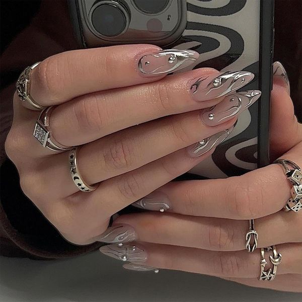 24pcs Medium Almond False Nails, Silver Fireflame Stick on Nails Rhinestone Press on Nails Fake Nails Removable Glue-on Acrylic Full Cover Nails Women Girls Nail Art Accessories