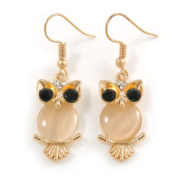 Crystal Owl Drop Earrings/Gold Tone/ 45mm Long
