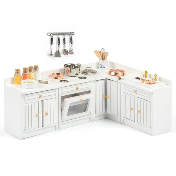 SAMCAMI Wooden Dollhouse Furniture Set - Miniature Furniture 1 12 Scale for Dollhouse Kitchen - Doll House Furniture Toys Incl Freely Combined Wooden Kitchen Cabinets and Other Dollhouse Accessories