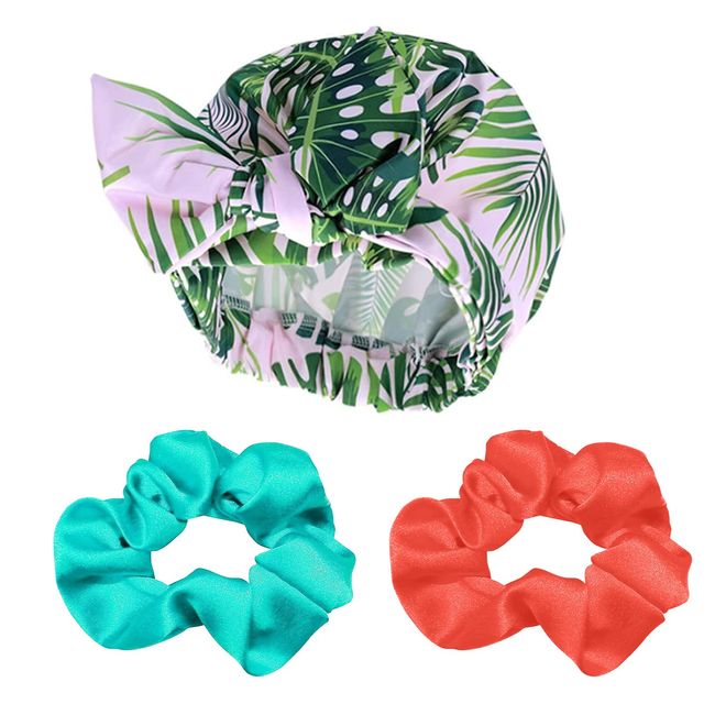 1 piece of palm leaf pattern women's shower cap with 2 pieces of curling hair loops, elastic hem shower cap, reusable, adjustable shower cap, used in showers and spas