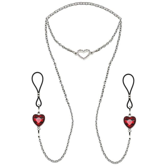 Faux Nipple Ring Rhinestone Heart Necklaces Nipple Chain Chokers Body Non Piercing Jewelry-red