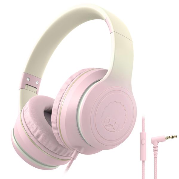 Rockpapa Kids Headphones, L22 Headphones Wired for Kids Teens, Over Ear Headphones with Microphone, Adjustable Headband, Foldable, Wired Headphones for Phones,Tablets,PC,TV (Light pink)