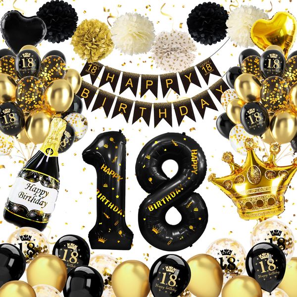 18th Birthday Decorations, Black Gold 18th Birthday Balloons Including 18th Birthday Banner,18th Birthday Confetti Balloons, 18th Birthday Decoration for Boys Girls 18th Birthday Party Decorations