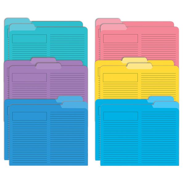 Better Office Products Lined File Folders, 12 Pack, Heavyweight, 1/3 Cut Tabs, 6 Vibrant Colors, Top Custom Subject Box, Letter Size Folders, 9.5" x 11.5",