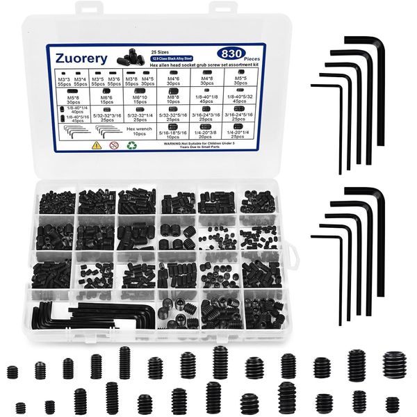 830PCS Screw Assortment Kit 25 Sizes Metric + SAE Set Internal Hex Drive Allen