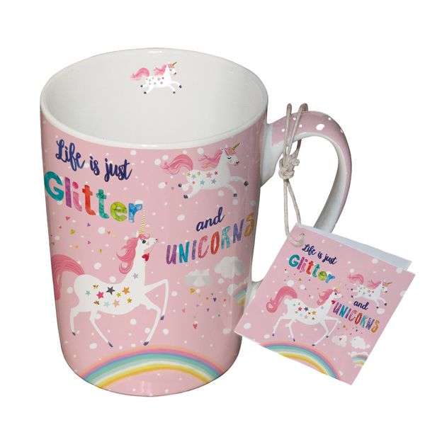 PPD 551297, Decorated porcelain Coffee or Tea Mug Cup with "Life is just Glitter and Unicorns" printed.