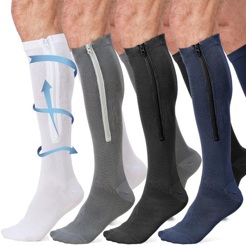 4 Pairs Men Zipper Compression Socks Colorful 20-30mmhg Compression Stockings Knee High Zipper Support Socks for Men Women Swelling Edema Running