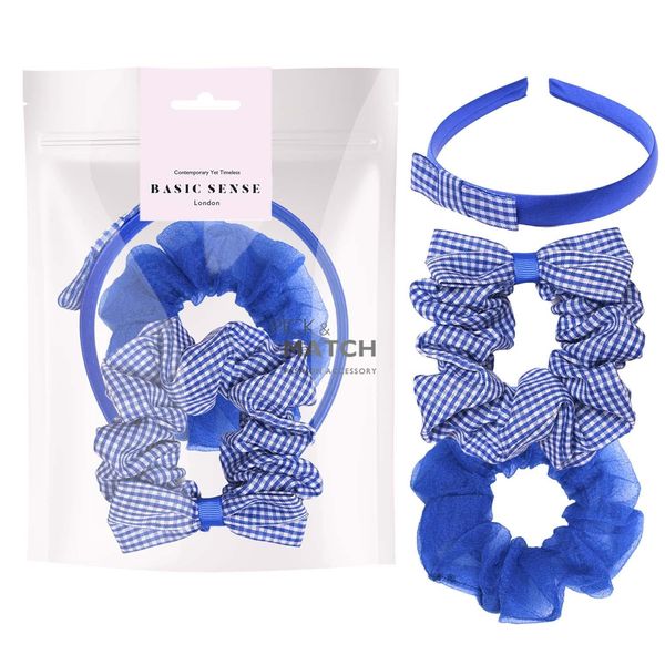 Basic Sense Gingham Check Hair Accessories Set, Hair Scrunchies, Headband, Aliceband for School Uniform, Royal Blue