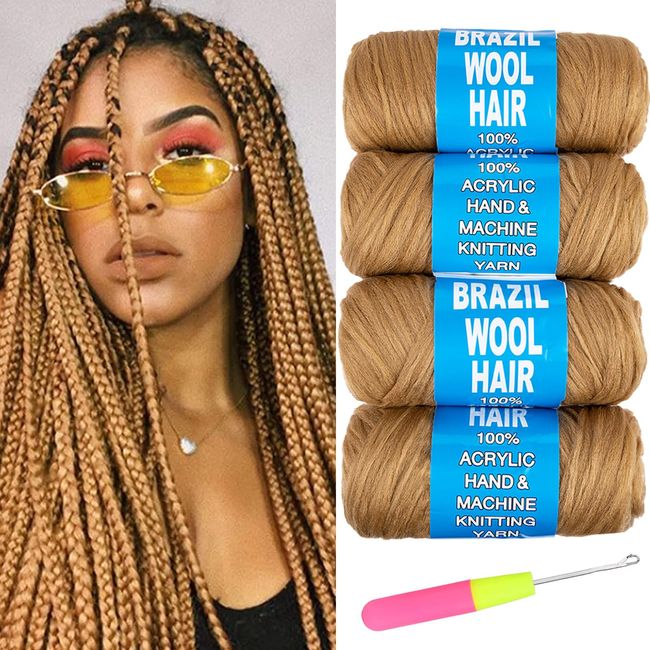 Samtress 4 Roll Natural Black Brazilian Wool Hair Acrylic Yarn for African Crochet Braids/Faux Locs/Senegalese Twist/Jumbo Braiding/Box Braids/Twist Wraps Synthetic Fiber Hair Extensions（#1B)