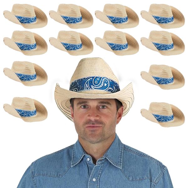 Fun Express Cowboy Hat For Men & Women - Set of 12 Hand Washable Cowboy Hats with Blue Bandana - Perfect for Western-Themed Events And For Parties of Any Size - Premium Quality, Comfortable & Durable