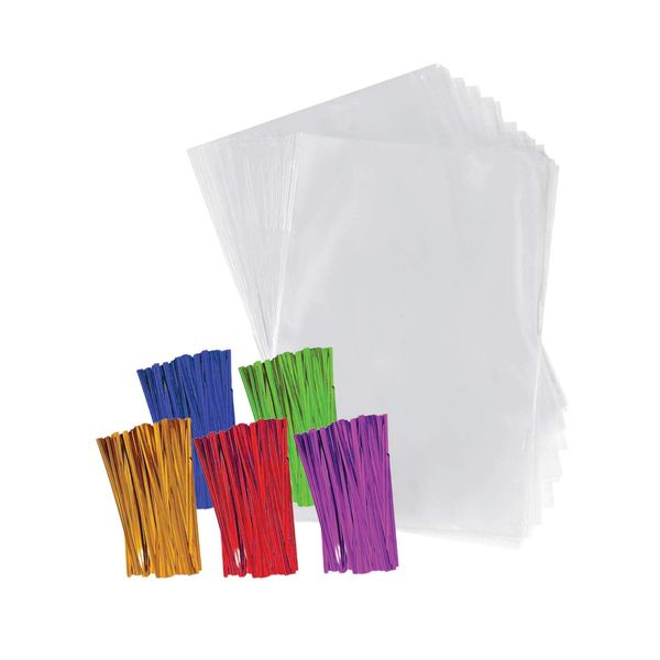 Purple Q Crafts Clear Plastic Cellophane Bags with 4" Colored Twist Ties for Gifts Party Favors (4"x6" 100 Pack)