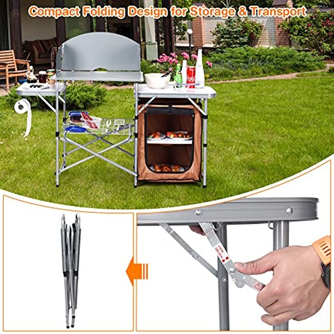 Folding Camping Kitchen Table with Storage, Aluminum Portable Outdoor  Cooking Table with Windscreen, Foldable Camp Table Cook Station for BBQ,  Grill, Party, Picnics 