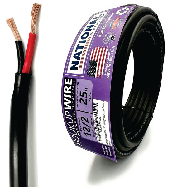 NATIONAL Wire&Cable - 12 Gauge 2 Conductors Premium Electrical Wire - Made in USA - 12 AWG Wire Stranded PVC Cord Copper Cable 25 Ft. Indoor and Outdoor Lighting Automotive Battery