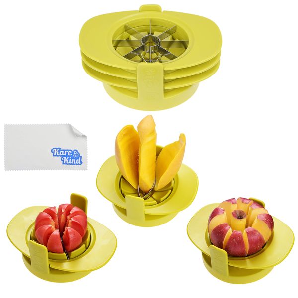 Apple/Tomato/Mango Cutters - Set of 3 - Sturdy Base Keeps Fruit/Vegetable in Place - Also Keeps Cutters Organized - Razor Sharp Stainless Steel Saw Blades - Quick - Easy