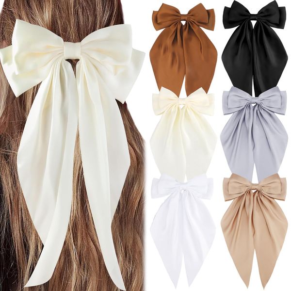 6Pcs Silky Satin Hair Bows for Women Hair Ribbons for Girls Big Bow Hair Ties Large Hair Barrettes for Girl French Cute Hair Clips Long Tail (Z 6Pcs Black,Brown,Khaki,Beige,White,Grey)