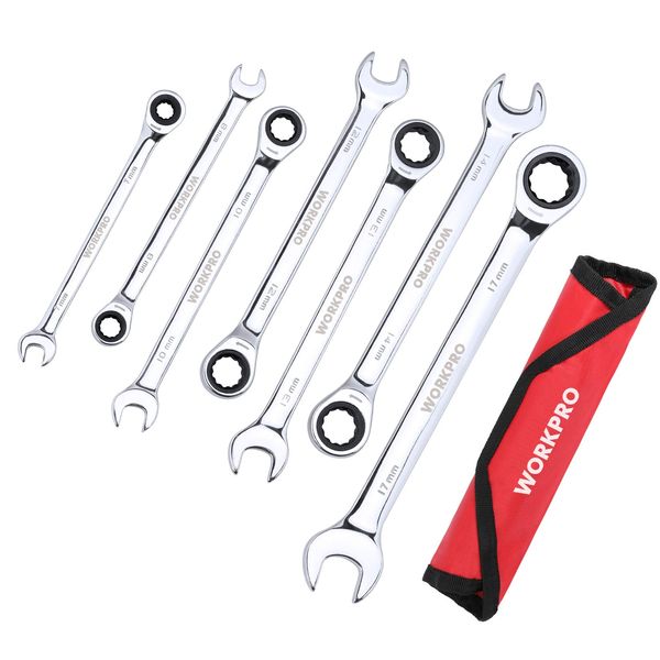 WORKPRO Combination Wrench Set, Ratchet Wrench, Dual Use Head, Spanner, Wrench, 72 Gear, Mirror Finish, 0.3 - 0.7 inches (7 - 17 mm), Set of 7, Auto Repair, Car Maintenance, Assembly