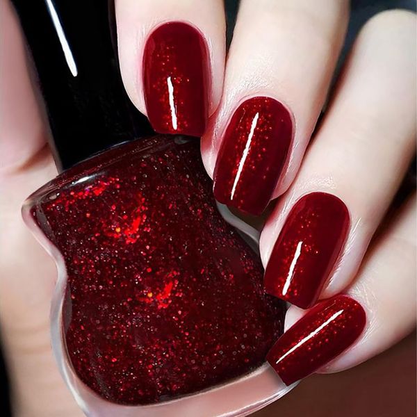 Red Nail Polish, Quick Dry Nail Polish Burgundy Red Nail Varnish, Red Glitter Nail Polish Long Lasting Wine Red Cherry Red Nail Polish No Need UV Nail Paint for DIY Salon Manicure at Home (07#)