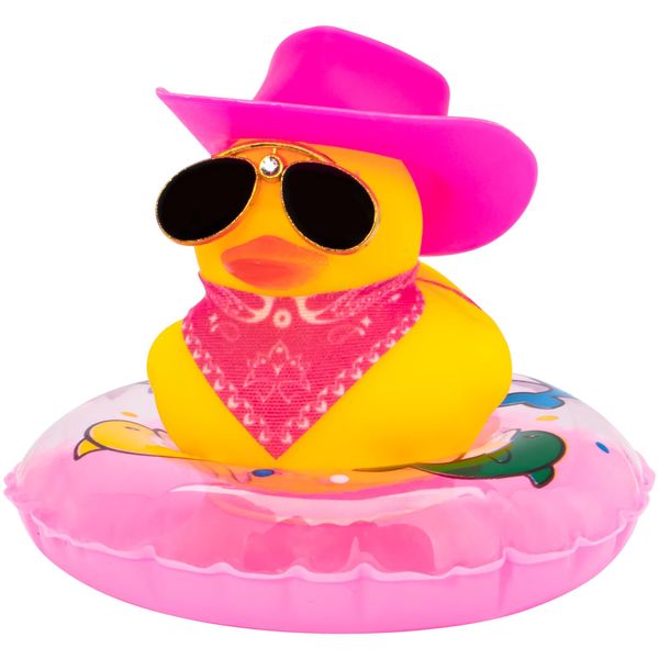 wonuu Rubber Duck Car Ornaments, West Cowboy Duck Car Dashboard Decoration Accessories with Mini Swim Ring Cowboy Hat Scarf and Diamond Sunglasses，C_pink scarf cowboy hat diamond galsses