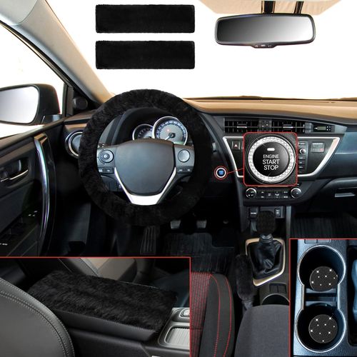 10 Pieces Fluffy Steering Wheel Covers Handbrake Cover Seat Belt Shoulder Pads Gear Shift Cover Diamond Tray Ignition Ring Ball Key Chain Armrest Box Mat (Black)