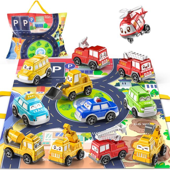 TEMI Toddler Pull Back Car Toys for 1 2 3 Year Old Boy Girl, 12 Pieces Baby Toy Cars with Play Mat/Storage Bag, Baby Toys 12-18 Months, Birthday Gifts for Toddler Toys Age 1-2