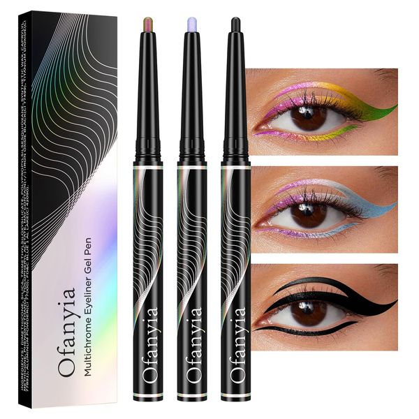 Ofanyia Multichrome Eyeliner Stift, 3 Pcs Metallic Glitter Eyeliner, Purle Pale Pink Matte Black Shifting Colors Gel EyeLiner Pen, Eyeliner Wasserfest, Smudge Proof Easy To Color Gel Eyeliner Stift