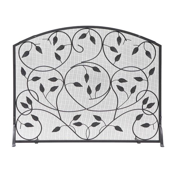 ACHLA DESIGNS Flat Fireplace Screen with Leaves Pattern High-Quality Iron Black