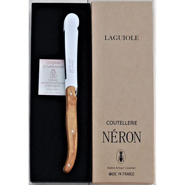 Laguole Long Jam and Butter Knife, Natural Olive Pattern Spreader, Gift Boxed, France NERON