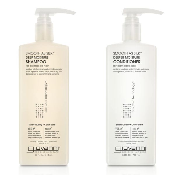 GIOVANNI HAIR CARE PRODUCTS Giovanni Smooth as Silk Deeper Moisture Shampoo & Conditioner Set, 24 Oz. Calms Frizz, Detangles, Wash & Go, Co Wash, No Parabens, Color Safe, 24 fluid_ounces