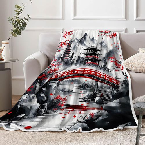 DYNH Japanese Cherry Blossom Throw Blanket, Mountain Cherry Branches Red Sun Ink Painting Asian Nature Scenery Soft Warm Flannel Black White Grey Throw Blanket,50X60