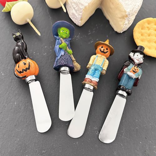 Supreme Housewares Spooky Cheese Spreaders, Hand-Painted Resin Handles with Stainless Steel Blades for Spreading Cream Cheese, Butter, and Jam, Assorted Halloween Designs, Set of 4