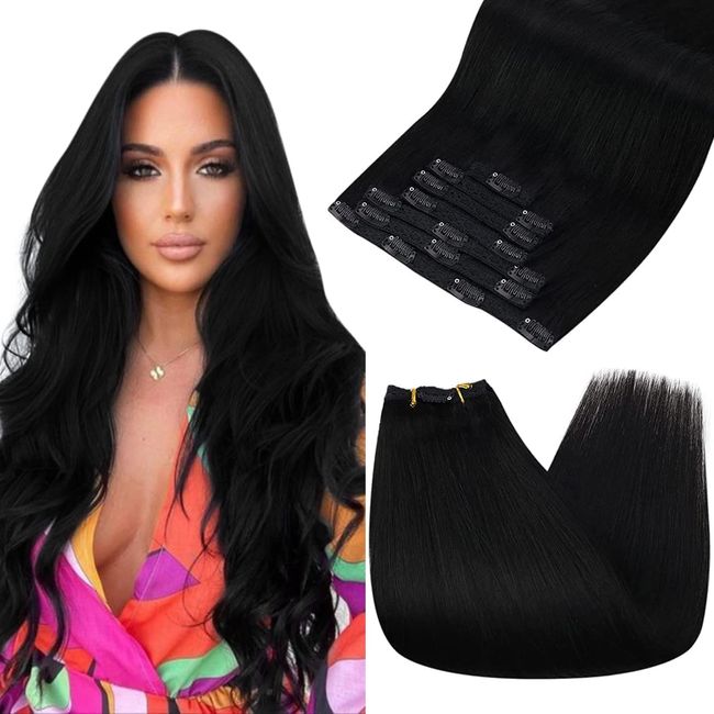 Ugeat Clip in Extensions Schwarz Echthaar Doppelt Tressen 105Gramm 55cm Extensions Echthaar mit Clips Pechschwarz Farbe 1 Hair Extensions Real Hair Haarextension Clips