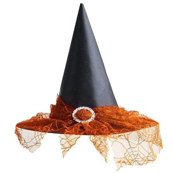 LKQBBSZ Halloween Witch Hat for Women Lace Veils Hanging Witch Hats for Halloween Cosplay Costume Accessories Party Supplies (Orange)