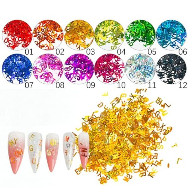 Holographic Sequins Nail Art Supplies 12 Colors English Alphabet 3D Nail Decoration Shiny Nail Sparkle Glitter Design Acrylic Manicure Tips Chi