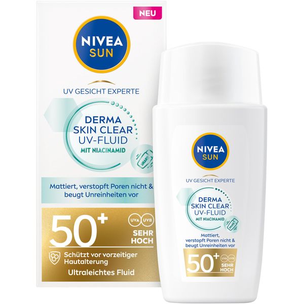 NIVEA SUN Sonnenschutz Fluid LSF 50+, nicht fettende Sonnencreme mit Anti-Unreinheiten Komplex & Niacinamid, UV Gesicht Experte Derma Skin Clear UV-Fluid LSF 50+ (40 ml)