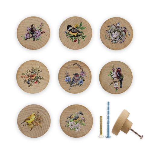 Lasyman 8Pack1.8 Wooden Bird with Flower Cabinet Knob Rustic Unique Animal Cabinet Furniture Dresser Drawer Knobs Wardrobe Closet Handle Pull